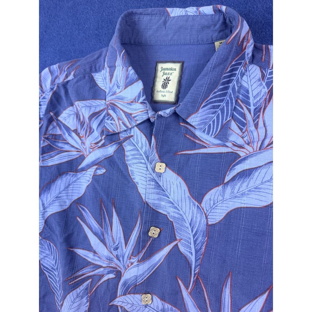 Jamaica Jaxx Men’s M Blue 100% Silk Hawaiian Shirt Bird of Paradise Floral